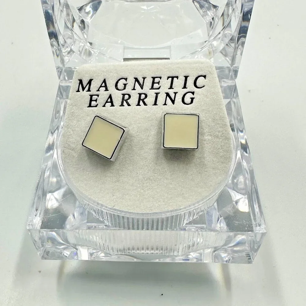 3/$30 Magnetic Square Stud Earrings Silver Cream Enamel Non Pierced Minimalist